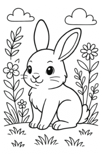 A coloring page of rabbit in a garden